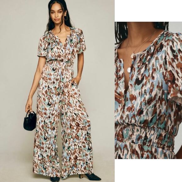 Anthropologie Somerset Satin Printed Wide Leg Jumpsuit Brown Blue Abstract XS - Picture 1 of 13